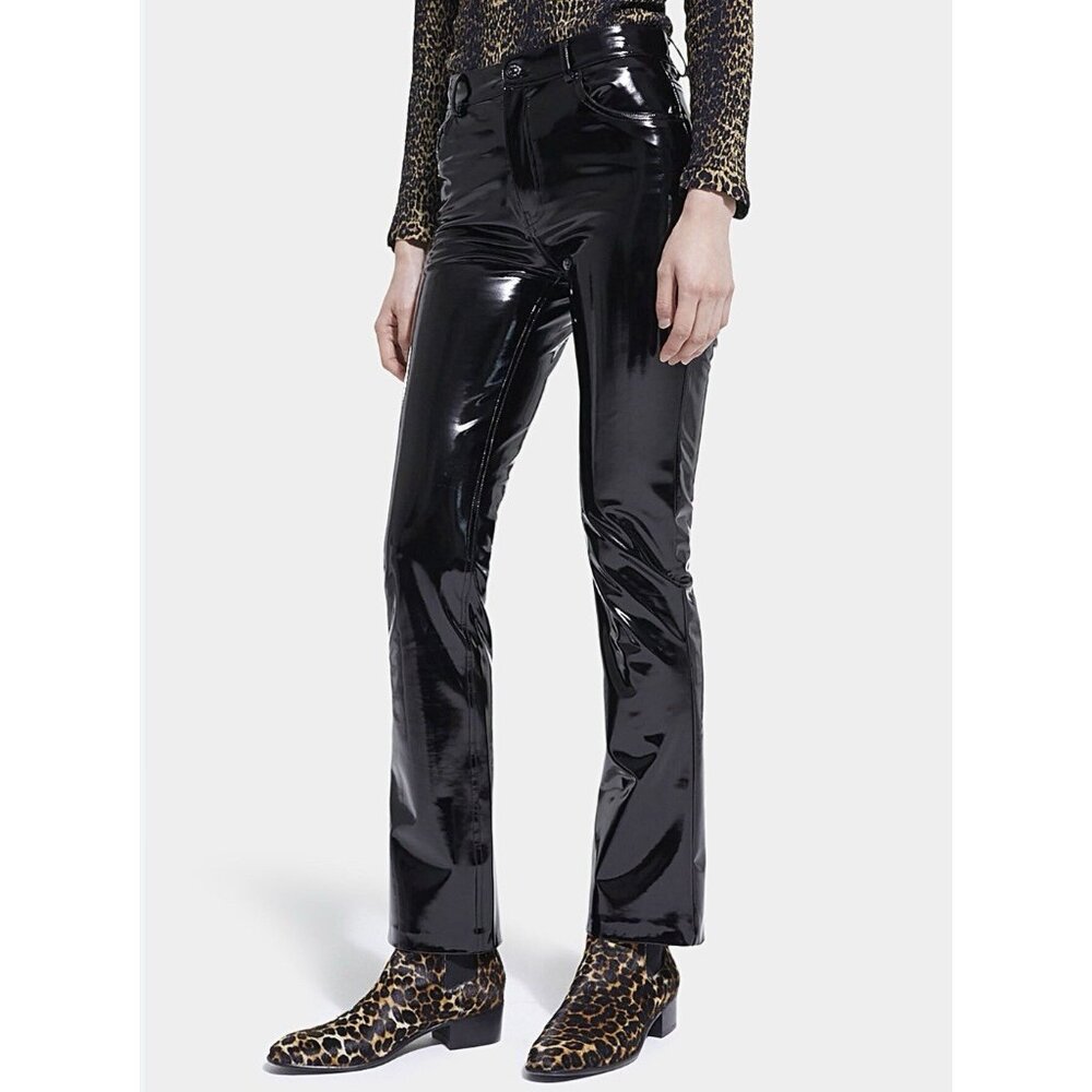 The Kooples Black Faux Patent Leather Flare Pants Size 27 High Rise Party Goth‎